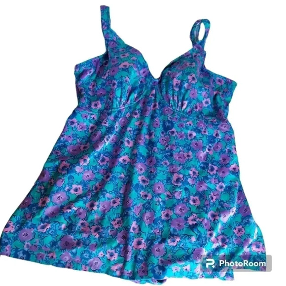 Maxine of Hollywood Blue Green‎ Purple Pink Floral Swimsuit with side splits - Picture 1 of 14